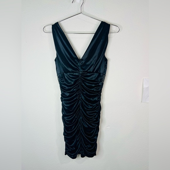 Pompous Girly Black Satin Ruched Bodycon Mini Dress Sz Small Embellished Waist - Picture 7 of 10